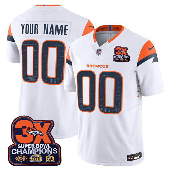 Men's Denver Broncos ACTIVE PLAYER Custom White 2024 F.U.S.E. 3-Time Champions Patch Vapor Limited Stitched Football Jersey Men's Denver Broncos ACTIVE PLAYER Custom White 2024 F.U.S.E. 3-Time Champions Patch Vapor Limited Stitched Football Jersey
